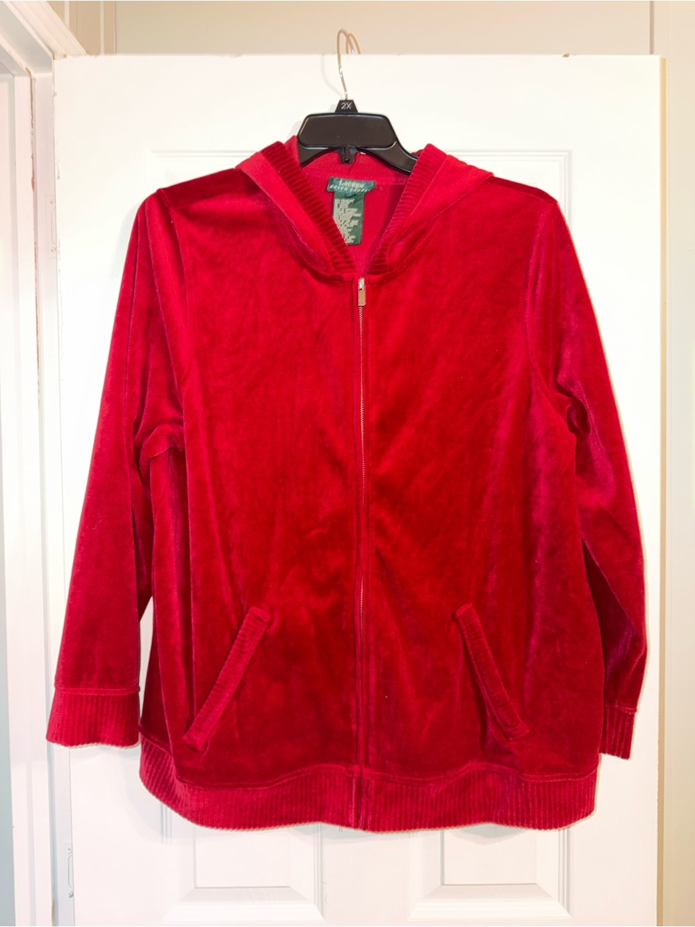 VTG Lauren Ralph Lauren Red Velour Zip Up Hoodie Jacket 1X